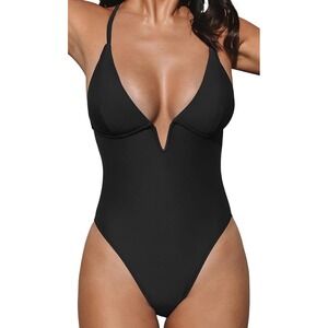 NEW Cupshe Womens Black Deep V-Neck High Cut One Piece Swimsuit Size Small Beach